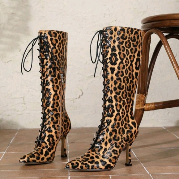Fashionable Leopard Print Lace-Up 9.5cm Heel Casual Versatile Side Zip Up Boots - Picture 4 of 5
